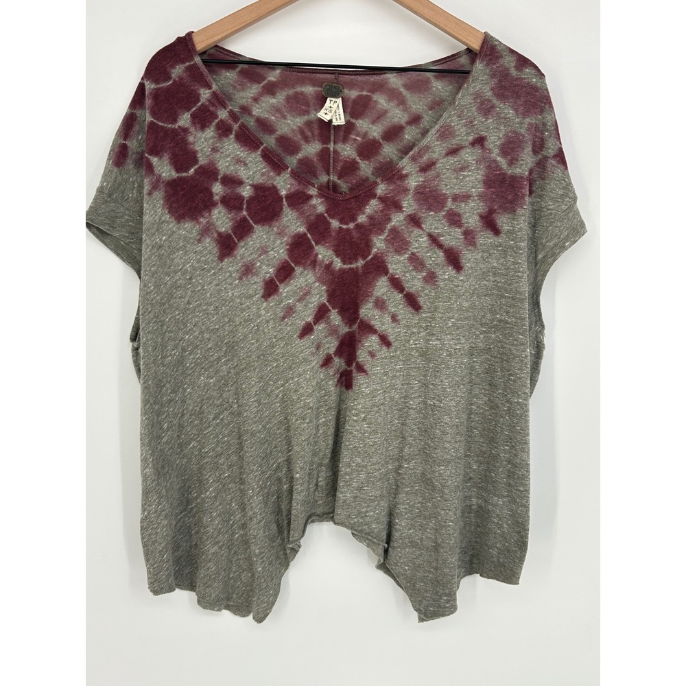 We The Free By Free People Oversized Tie-Dye V-Neck Shirt Gray/Burgundy- XS‎